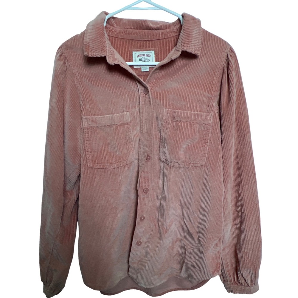 American Eagle Womens Dusty Pink Corduroy Button Down Shirt Puff Sleeve‎ Small